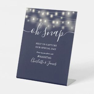 Oh Snap Wedding String Lights Navy Blue Pedestal Sign