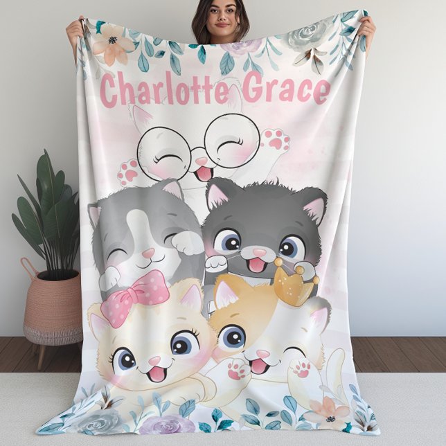 Oh So Girly Cute Happy Kitten Friends Floral Name Fleece Blanket (Oh So Girly Cute Happy Kitten Friends Floral Name Fleece Blanket)