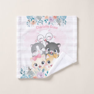 Oh So Girly Cute Happy Kitten Friends Floral Name Wash Cloth