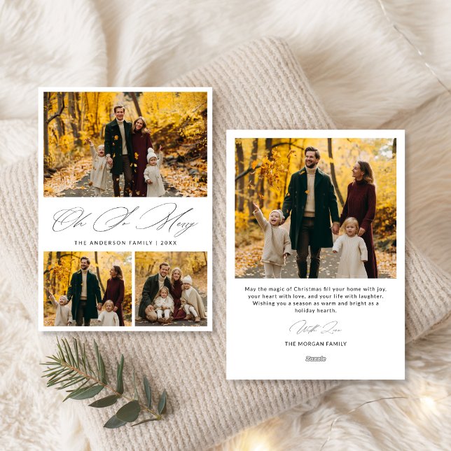 Oh So Merry Script Autumn Family 3 Photo Holiday Card (Creator Uploaded)