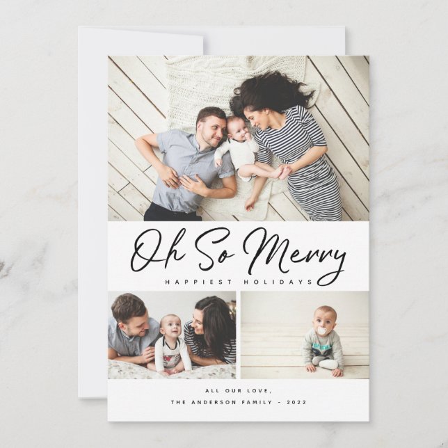 Oh So Merry Script Collage 3 Photo Christmas Holid Holiday Card (Front)