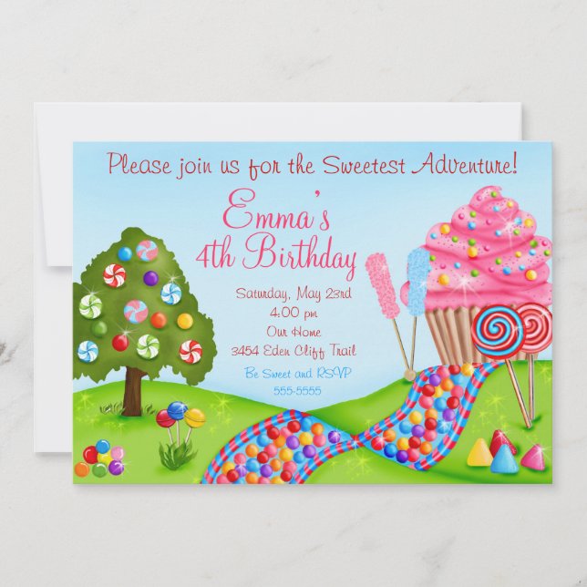 Oh Sweet Candy Land Birthday Cupcake Invitations (Front)