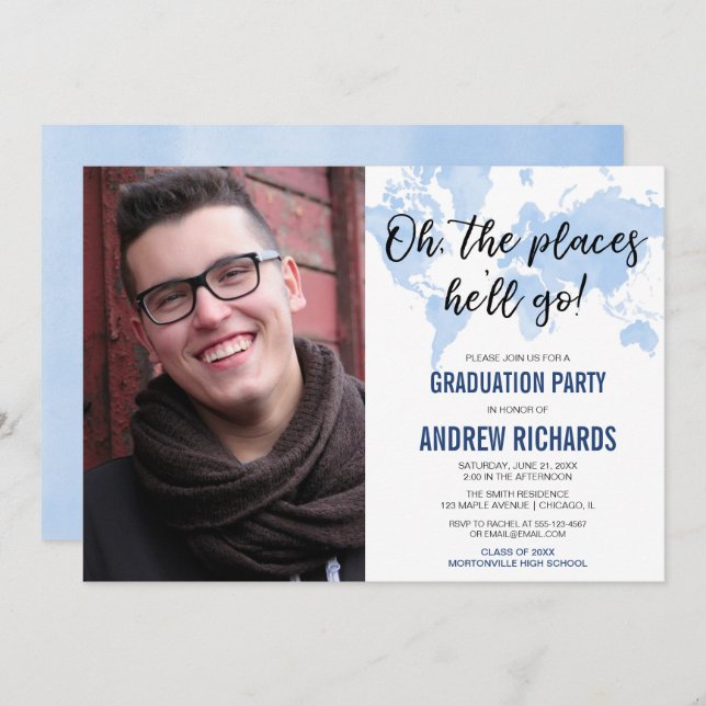 Oh the places he'll go blue graduation party photo invitation (Front/Back)