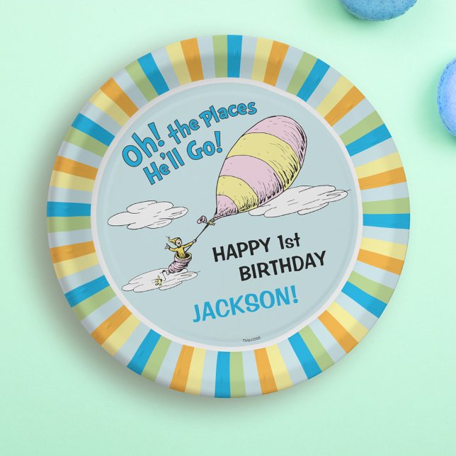 Oh, The Places He'll Go! - First Birthday Paper Plate (Plate on table)