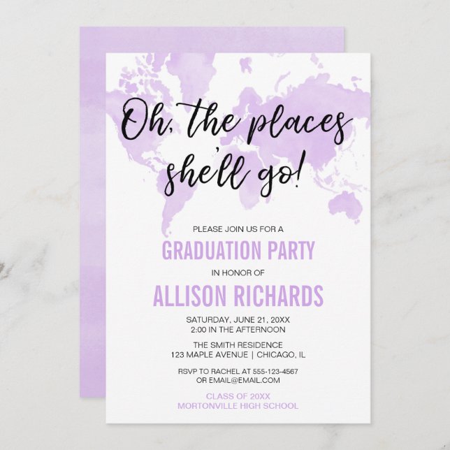 Oh the places she'll go purple graduation party invitation (Front/Back)