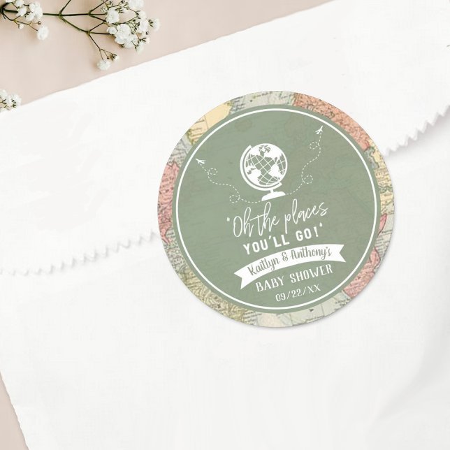 "Oh The Places You'll Go!" Travel Map Baby Shower Classic Round Sticker (Creator Uploaded)