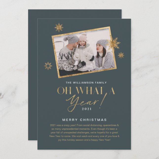 Oh What a Year! Year in Review Gold & Grey 1 Photo Holiday Card (Front/Back)