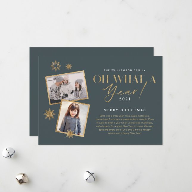 Oh What a Year! Year in Review Gold & Grey 2 Photo Holiday Card (Front/Back In Situ)