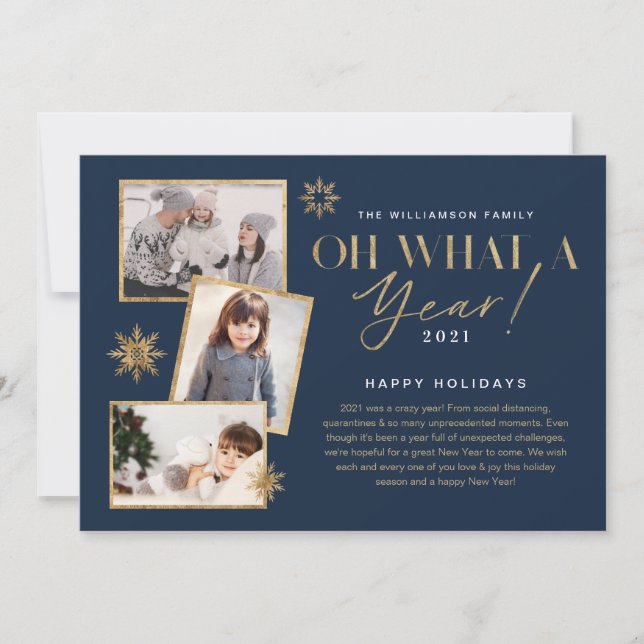 Oh What a Year! Year in Review Gold & Navy 3 Photo Holiday Card (Front)