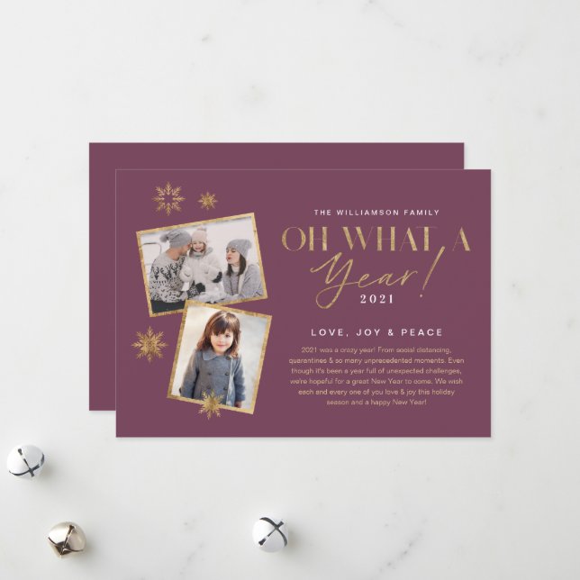 Oh What a Year! Year in Review Gold & Plum 2 Photo Holiday Card (Front/Back In Situ)