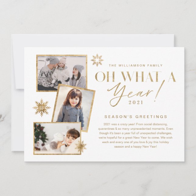 Oh What a Year! Year in Review Gold White 3 Photo Holiday Card (Front)