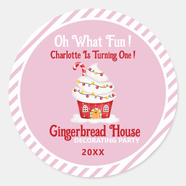 Oh What Fun! 1st Birthday Gingerbread Candy Cane Classic Round Sticker (Front)