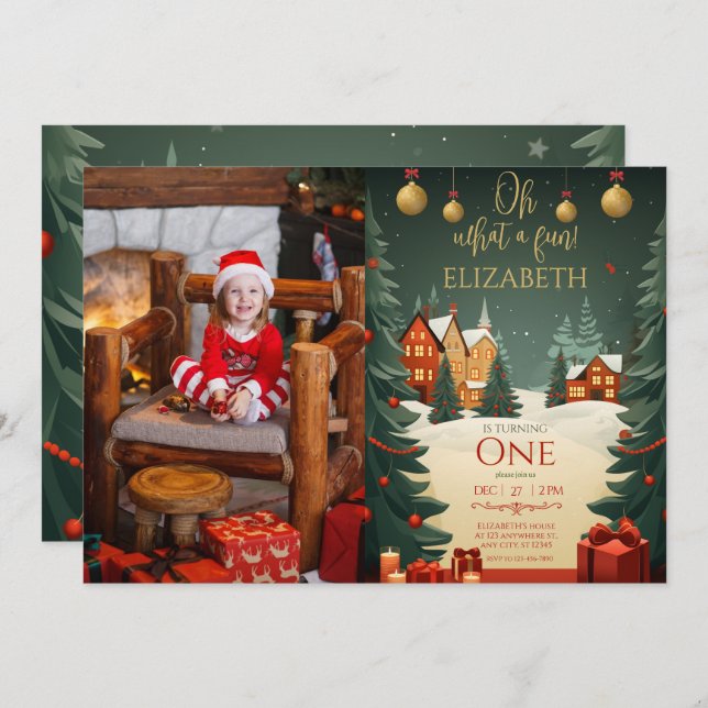 Oh What Fun 1st Birthday Photo Christmas  Invitation (Front/Back)