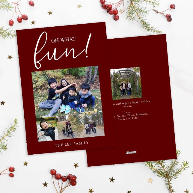 Oh What Fun 5 Photo Collage Red Modern Christmas Holiday Card (Creator Uploaded)