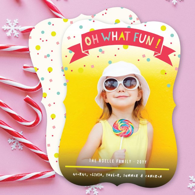 Oh What Fun Banner Colourful Confetti Dots Photo Holiday Card (Creator Uploaded)