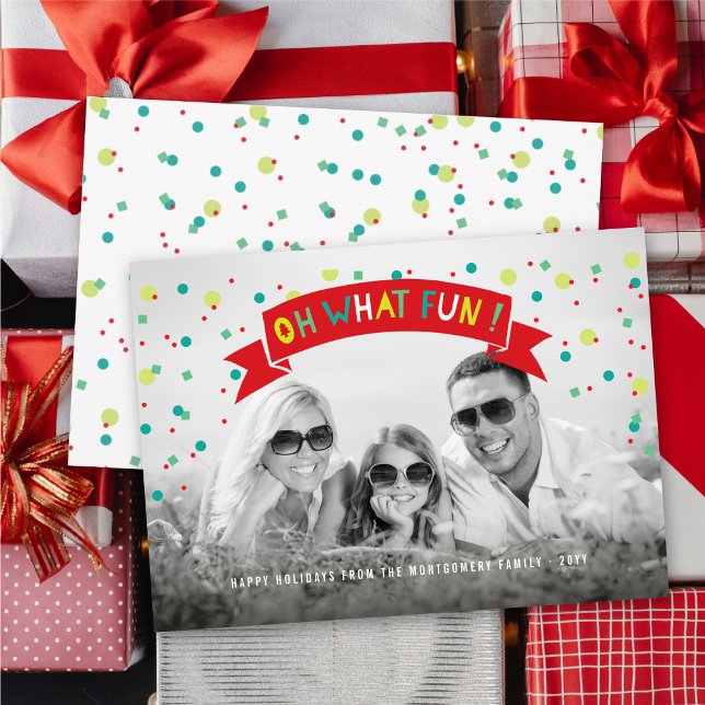 Oh What Fun Banner Colourful Confetti Dots Photo Holiday Card (Creator Uploaded)