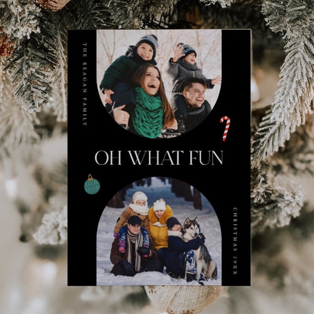 Oh What Fun Black Arch Frame 3 Photo Holiday Card (Creator Uploaded)