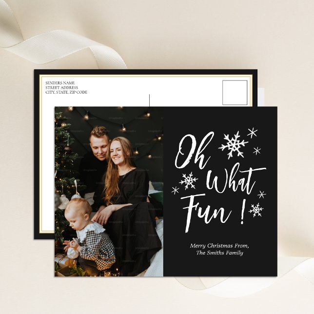 Oh What Fun Black Calligraphy Snowflakes Photo Holiday Postcard (Creator Uploaded)