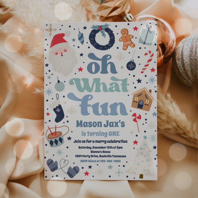 Oh What Fun Blue And Red Christmas Birthday Party Invitation (Creator Uploaded)