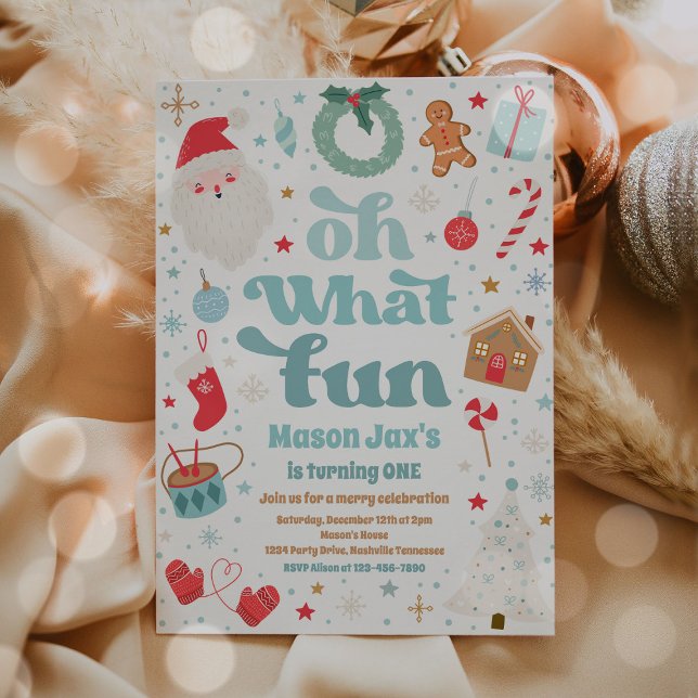 Oh What Fun Blue And Red Christmas Birthday Party Invitation (Creator Uploaded)