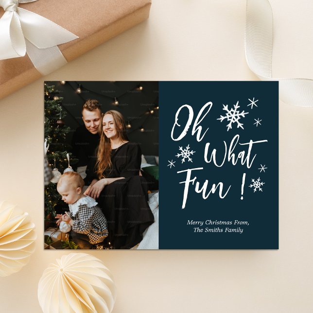 Oh What Fun Blue Calligraphy Snowflakes Photo Holiday Card (Creator Uploaded)
