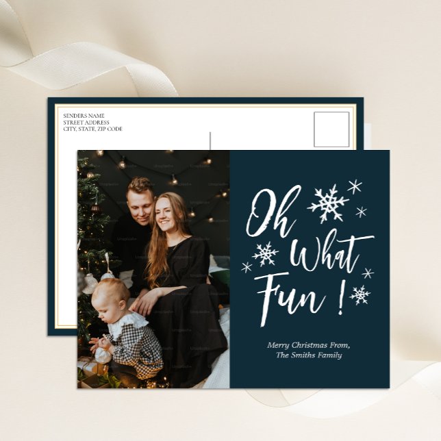 Oh What Fun Blue Calligraphy Snowflakes Photo Holiday Postcard (Creator Uploaded)