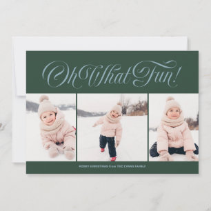 Oh what fun blue green three photo Christmas Holiday Card