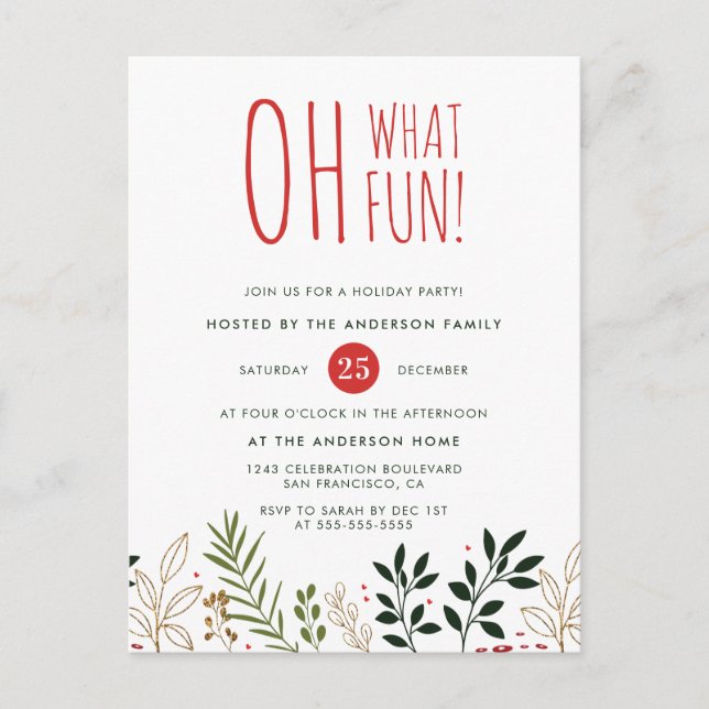 Oh What Fun! Botanical Holiday Party Invitation Postcard (Front)