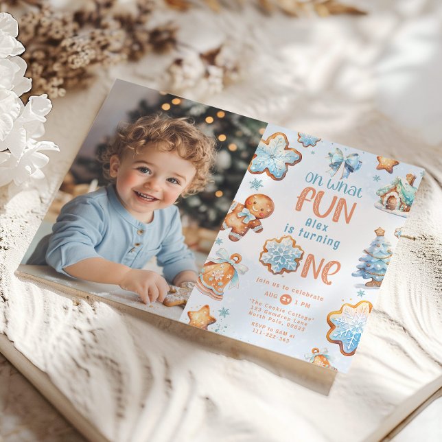 Oh what fun Boy Little cookie 1st birthday photo Invitation (Creator Uploaded)