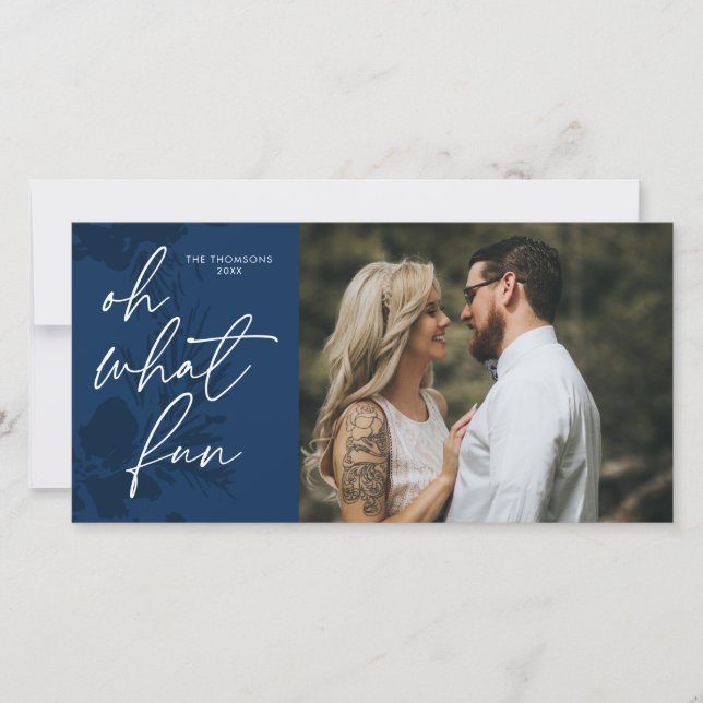 Oh What Fun Bright Christmas Blue Holiday Card (Front)