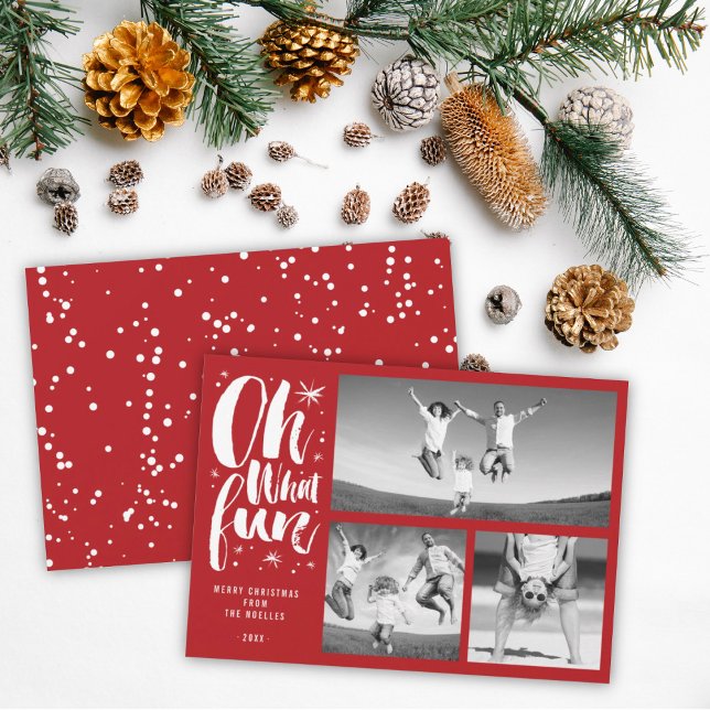 Oh What Fun Brush Script Sparkling Stars 3 Photo Holiday Card (Creator Uploaded)