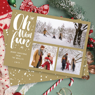 Oh What Fun Brush Script Sparkling Stars 3 Photo Holiday Card