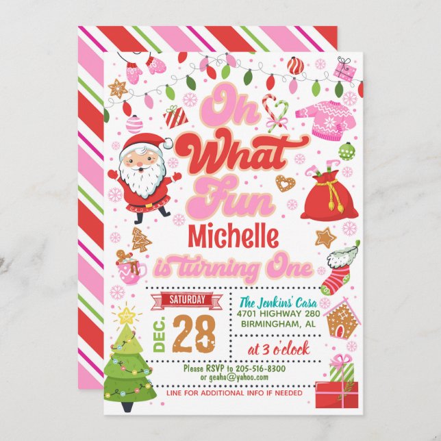 Oh What Fun Christmas 1st Birthday (Girl) Invitation (Front/Back)