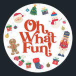 Oh What Fun Christmas Birthday Party Favour Sticke Classic Round Sticker<br><div class="desc">Oh What Fun! The perfect way to celebrate your little one's birthday in style during the magical holiday season! This printable template package is designed to make your child's winter birthday party unforgettable. ★ If you need coordinating décor, please check my matching collection. If you have any questions about this...</div>