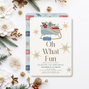 Oh What Fun Christmas Blue Sleigh 1st Birthday Invitation