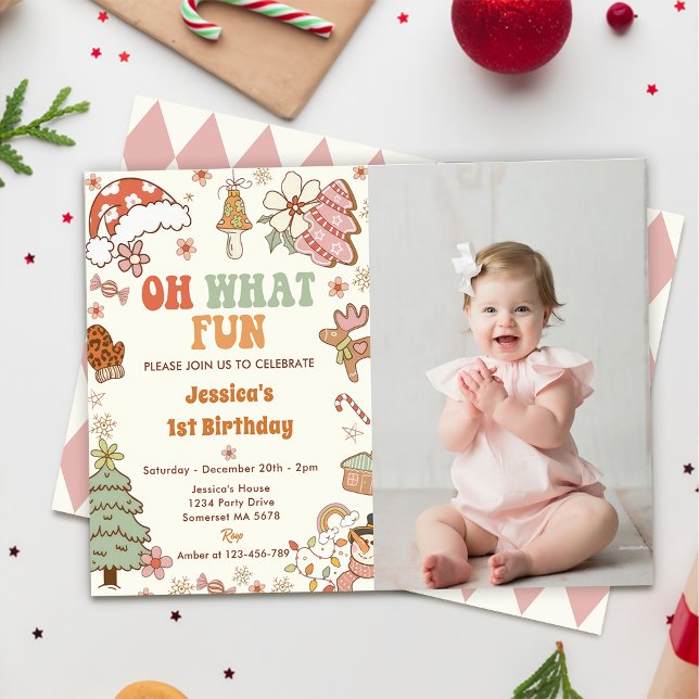 Oh What Fun! Christmas Cookie 1st Birthday Photo Invitation (Creator Uploaded)