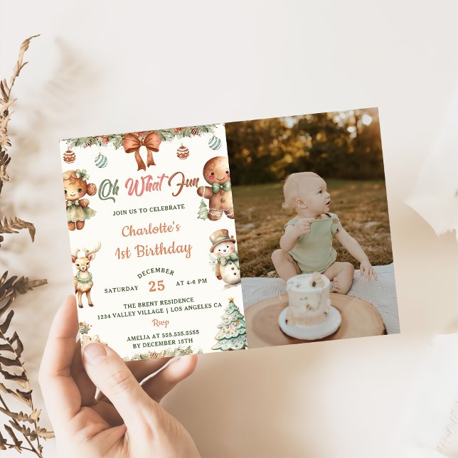 Oh What Fun Christmas Cookies 1st Birthday Photo Invitation (Creator Uploaded)