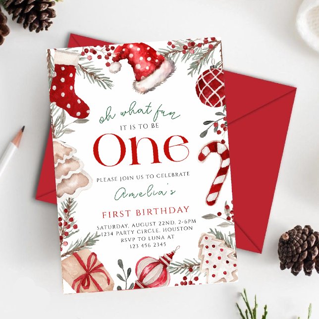 Oh What Fun Christmas First Birthday Invitation (Creator Uploaded)