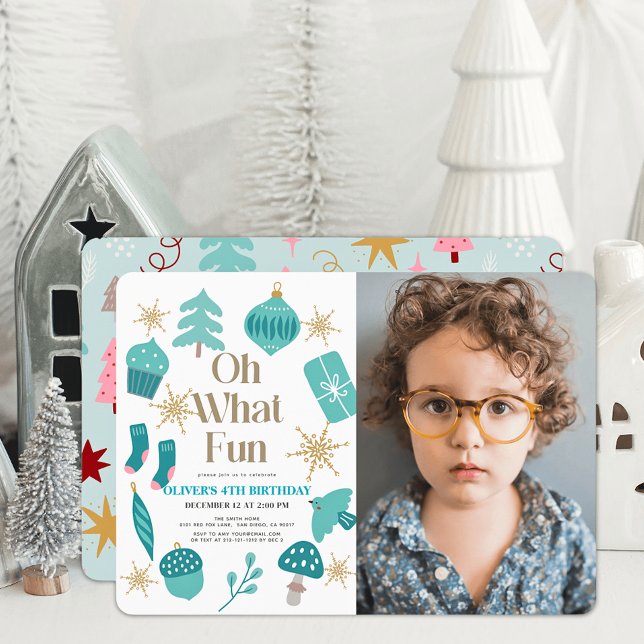 Oh What Fun Christmas Green Birthday Photo Invitation (Creator Uploaded)