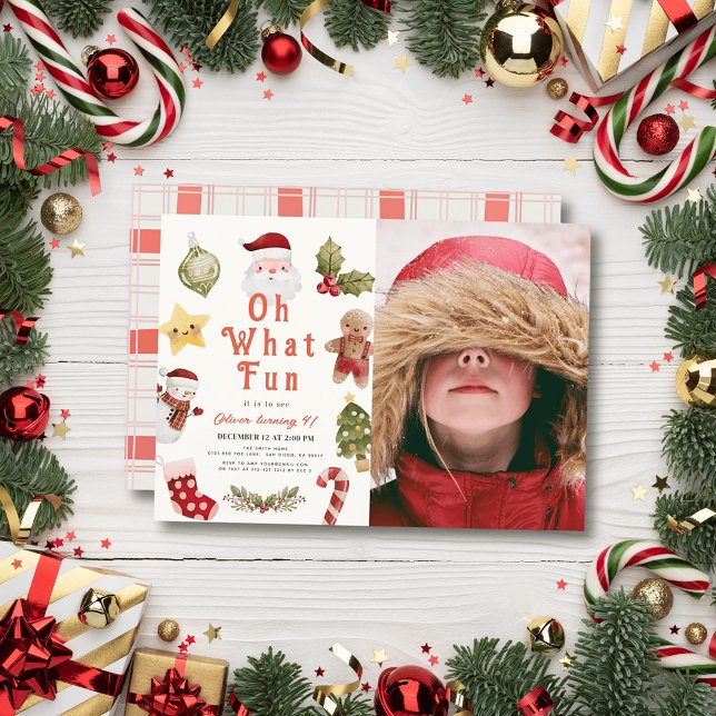 Oh What Fun Christmas Holiday Santa Birthday Photo Invitation (Creator Uploaded)