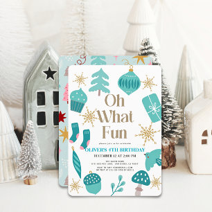 Oh What Fun Christmas Motifs Green Birthday Invitation