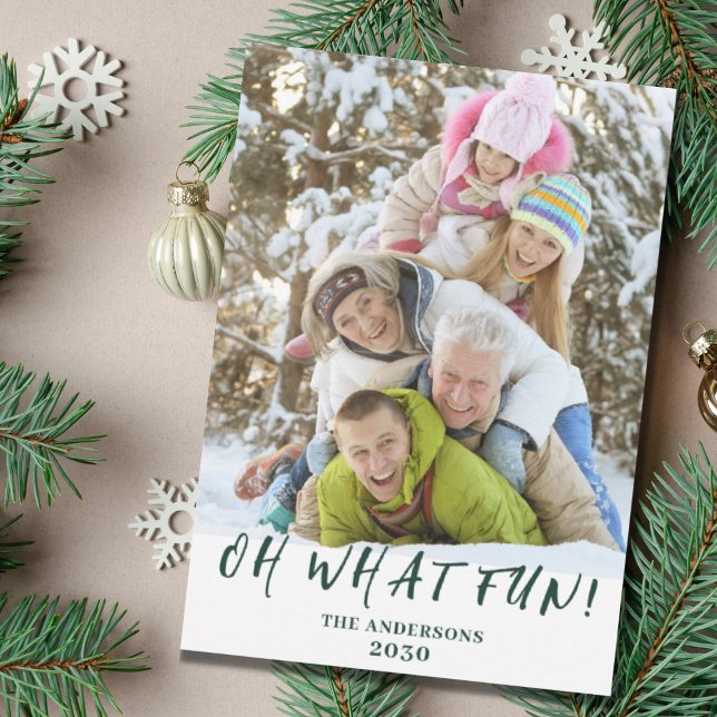Oh What Fun Christmas Photo Green  Holiday Card (Creator Uploaded)