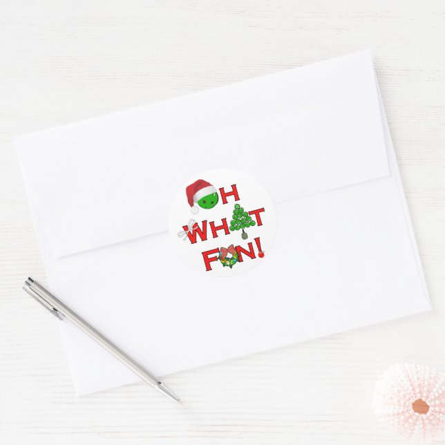 Oh What Fun Christmas Pickleball Green and White Classic Round Sticker (Envelope)