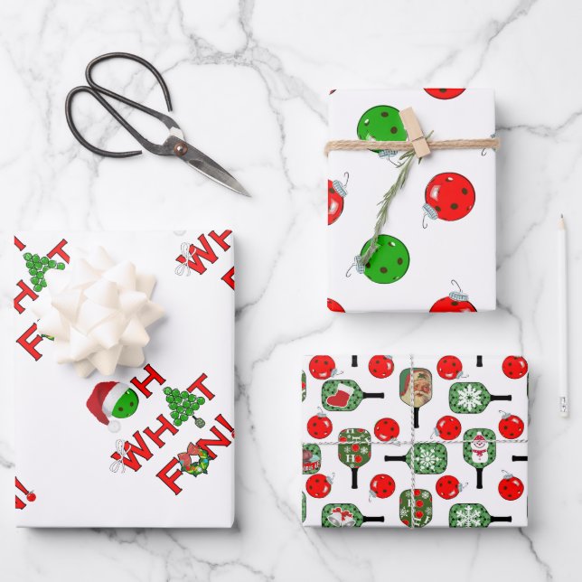 Oh What Fun Christmas Pickleball Green and White Wrapping Paper Sheet (Front)