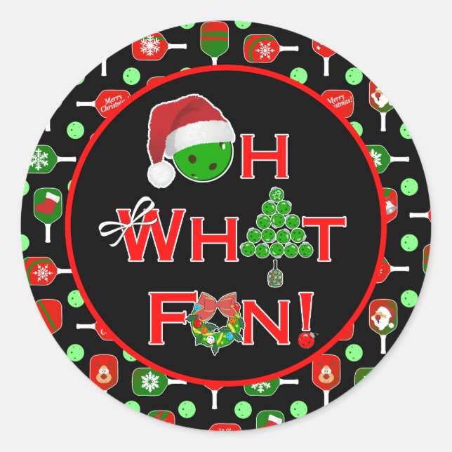 Oh What Fun Christmas Pickleball Paddles Black Classic Round Sticker (Front)