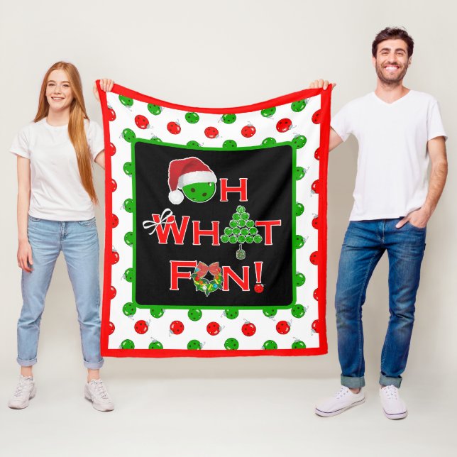 Oh What Fun Christmas Pickleball Red and Green Fleece Blanket (In Situ)