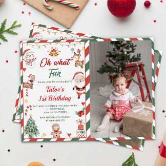Oh What Fun! Christmas Santa 1st Birthday Photo Invitation