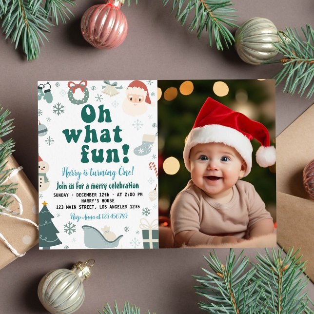 Oh What Fun Christmas Santa First Birthday Invitation (Creator Uploaded)