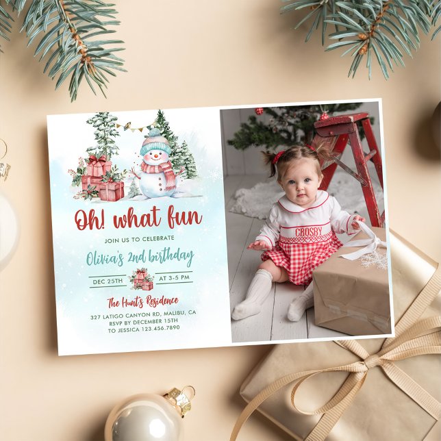 Oh What Fun Christmas Snowman Birthday Photo Invitation (Creator Uploaded)
