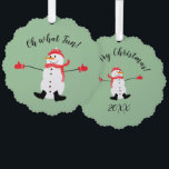 Oh what Fun Christmas Snowman Sage Green Tree Decoration Card<br><div class="desc">This is a sweet naive art design featuring a cute cartoon snowman in a red hat, scarf and mittens. The text says: Oh What Fun! All on a classy sage green background. The text can be customised to fit your needs or you can just add the year and you are...</div>